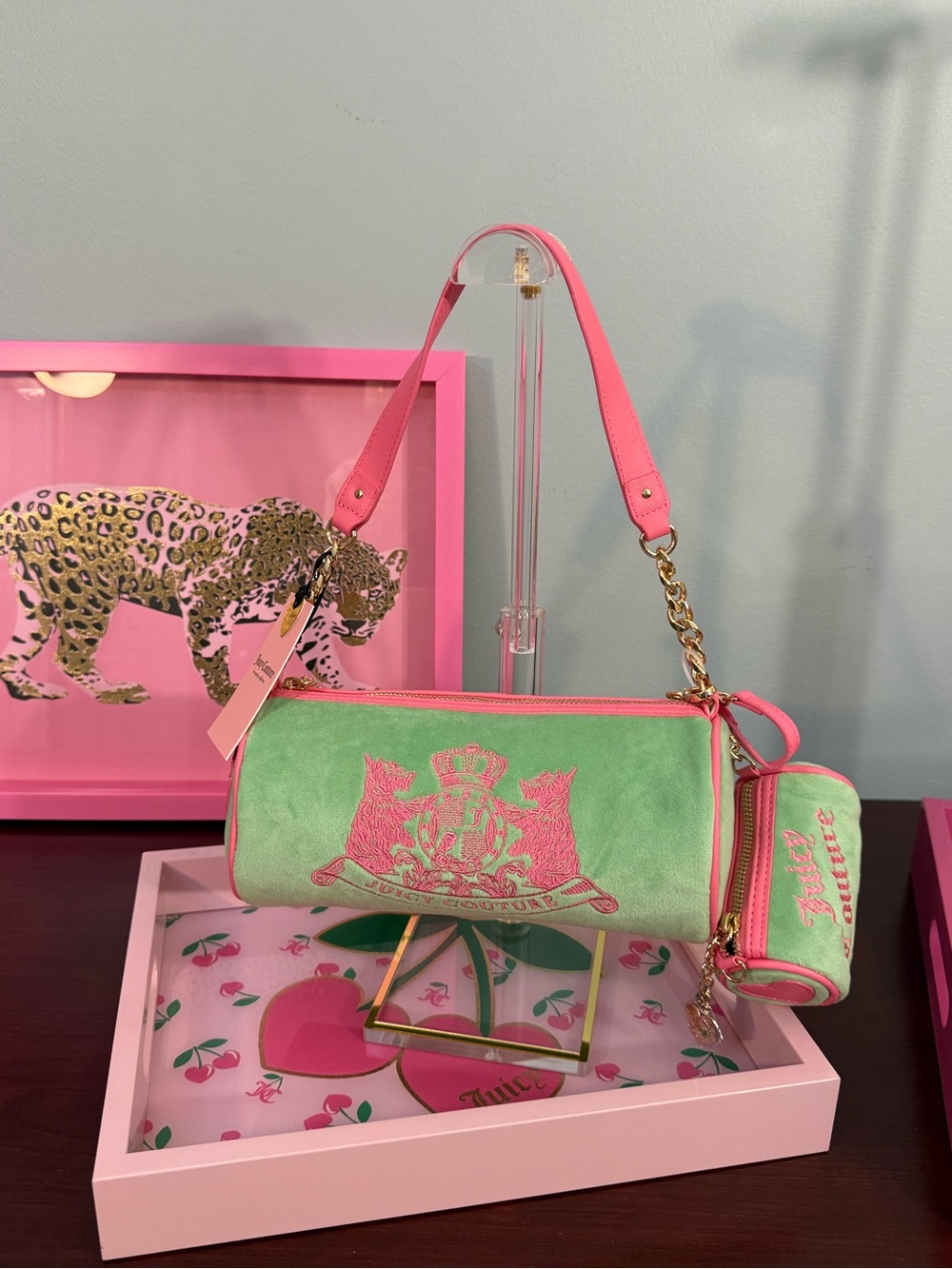 Juicy couture Pink & Green Velvet Shoulder Bag with Crest Accent